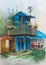 Boat station. Blue guard house on piles. House with balcony and flowers. Summer landscape. Pastel Painting