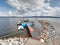 Boat at the steel pier on the river or lake. Travel and recreation