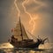 A boat in a stormy ocean with bolts of lightning and crashing waves, generated by Ai.