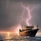 A boat in a stormy ocean with bolts of lightning and crashing waves, generated by Ai.