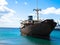 Boat stranded on the coast. Lanzarote, Spain, Europe. Lost Place