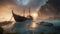 boat at sunset highly intricately detailed Fishing boat on it\\\'s way to fishing beautiful fog