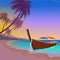 Boat sunset sea vacation. Romantic date wedding travel leisure sandy coast pink sunset sky. Palm beach ocean shore