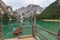 Boat tethered on stairway at Lake Braies boathouse