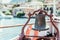 Boat tour: Boat bow with boat bell, view over azure blue water, mountain range and little village. Lago di Garda, Italy