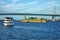 Boat Traffic with Cruise Ship and Barge on River