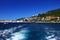 Boat trail on water near shore