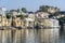 Boat trip to see City Palace view and old town from lake Pichola in holy city Udaipur, Rajasthan, India