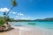 Boat on turquoise Caribbean sea, Playa Rincon, Dominican Republic, vacation, holidays, palm trees, beach