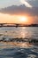 Boat view from Chao Praya river on Bangkok during beautiful sunset