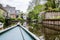 Boat view of rural canal town in North Holland