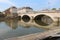 A boat was moored by the river Loir in La Fleche (France)