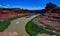 Boat on the water, the Colorado River bed, overgrown with green vegetation