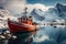 a boat in the water with snow covered mountains in the background