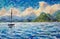 Boat, yacht, sailboat in blue turquoise water lake of the ocean river against a background of beautiful green mountains. Warm fluf