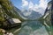 Boathouse at Lake Obersee and mountain landscape