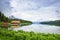 Boathouse on mountain lake