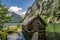 Boathouse at Obersee Lake behind the Watzmann massif, Salet at Koenigssee, Berchtesgaden National Park, Germany