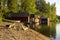 Boathouses on the lake at sunset