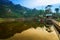 Boating spot of Chayatal or Chaya Taal, West Sikkim, India. Famous for Reflection of snow-capped Mount Kanchenjunga and Kabru on