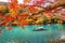 Boatman punting the boat at river. Arashiyama in autumn season along the river in Kyoto, Japan