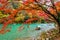 Boatman punting the boat at river. Arashiyama in autumn season along the river in Kyoto, Japan