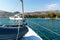 Boats on the Adriatic Sea from the deck of a yacht. Cruise from harbor Trogir - Croatia. Sailing on a yacht. Holiday in Croatia.
