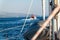 Boats on the Adriatic Sea from the deck of a yacht. Cruise from harbor Trogir - Croatia. Sailing on a yacht. Holiday in Croatia.