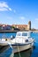 Boats against Notre-Dame-des-Anges in small and picturesque village of Colliure, near Perpignan