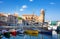 Boats against Notre-Dame-des-Anges in small village of Colliure, near Perpignan at south of Fran