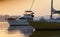 Boats anchored in calm water, Princess Bay at sunset, Wallace Island, Gulf Islands, British Columbia