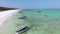 Boats are Anchored off the Coast on Shallow, Ocean at Low Tide, Aerial, Zanzibar