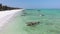 Boats are Anchored off the Coast on Shallow, Ocean at Low Tide, Aerial, Zanzibar
