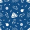 Boats, anchors, buoys vector seamless pattern background. Blue white backdrop with yachts, sailing equipment, scribbled