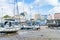 Boats in the bay at low tide in Tenby bay, Wales