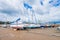 Boats in the bay at low tide in Tenby bay, Wales