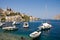 Boats in bay of symi island