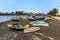 Boats beached in the outer lagoon of Charco de San Gines at low tide in Arrecife, Lanzarote