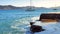 Boats and blue sea, Calvia bay with private sailboats anchored in bay  lee.  Sea promenade view, Peguera