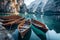 Boats on Braies lake in Dolomite mountains, Sudtirol, Italy. Nature park Fanes-Sennes-Prags, Dolomite, Italy, Europe. Generative