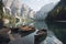 Boats on the Braies Lake ( Pragser Wildsee ) in Dolomites mountains