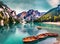 Boats on the Braies Lake Pragser Wildsee in Dolomites mountains. Generated AI