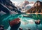 Boats on the Braies Lake ( Pragser Wildsee ) in Dolomites mountains, Sudtirol, Italy. AI Generated