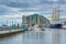 Boats and buildings at Penn`s Landing, in Philadelphia, Pennsylvania