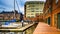 Boats and buildings on the waterfront in Fells Point, Baltimore, Maryland.