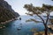 boats in calm harbour and beautiful rocky mountains in Calanques de Marseille (Massif des Calanques)