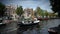 Boats on canal at sunset amsterdam north holland netherlands