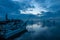 Boats or canoes in the dock and the blue sunset in Campeche Mexico