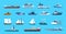 Boats. Cartoon nautical ships. Passenger or cargo vessels and warships. Side view of marine transport set. Brigantine