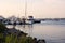 Boats on the dock at sunset